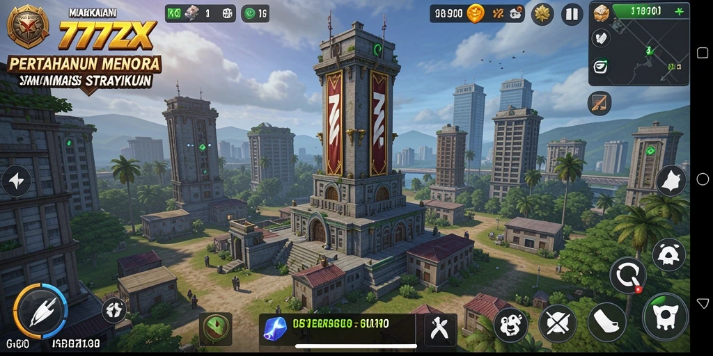 Tampilan gameplay menara pertahanan yang intens dan strategis.